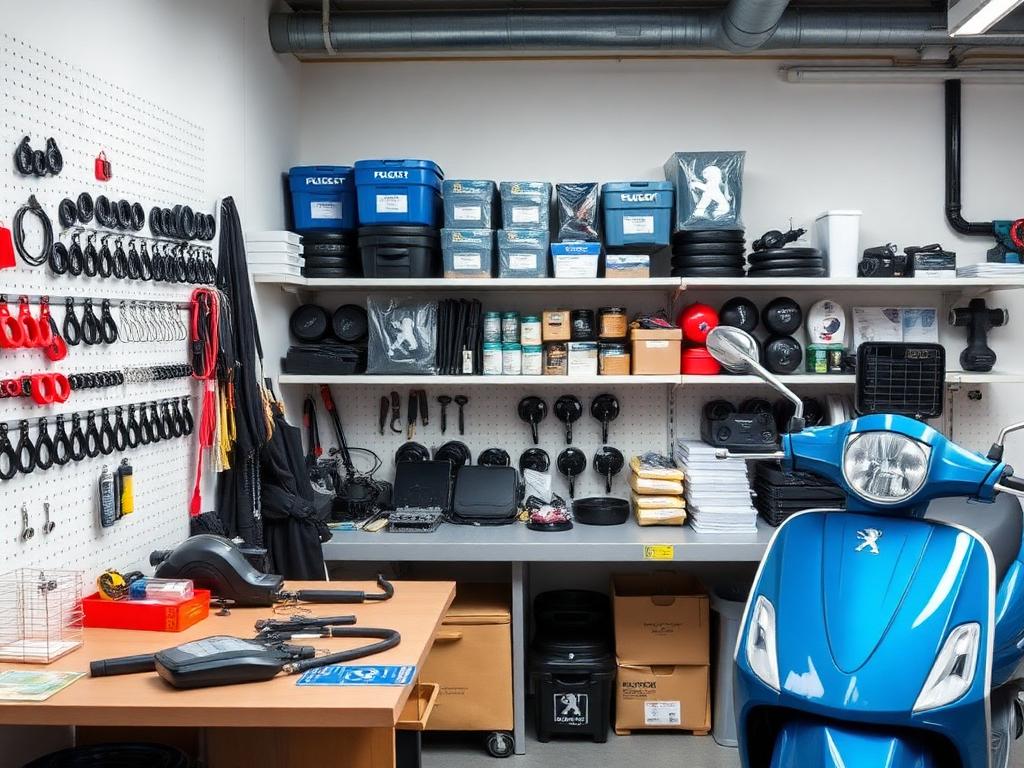 Genuine Peugeot scooter parts and accessories organised in our workshop